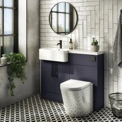 Arezzo 1000 Matt Blue Semi-Recessed Round Combination Vanity Unit (Matt Black Flush & Handles)