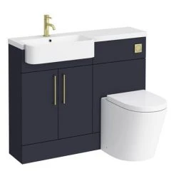 Arezzo 1100 Matt Blue Semi-Recessed Round Combination Vanity Unit (Brushed Brass Flush & Handles) -Cloakroom Suites Shop AZ11BBB d7 460