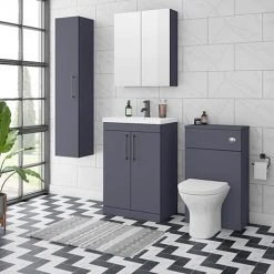 Arezzo Blue Floor Standing Vanity Unit, Tall Cabinet + Toilet Pack with Black Handles