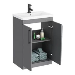 Arezzo L-Shaped Shower Bath Suite - 1700mm with Grey Vanity Unit + Square Toilet -Cloakroom Suites Shop AZLBSG d3 460