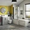 Arezzo L-Shaped Shower Bath Suite - 1700mm with Grey Vanity Unit + Wall Hung Toilet -Cloakroom Suites Shop AZLSMBWH p