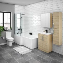 Brooklyn Natural Oak L Shaped Bath Suite (with Vanity + Tall Cabinet)