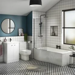 Cruze B-Shaped Shower Bath Suite - 1700mm with White Vanity Unit and Toilet