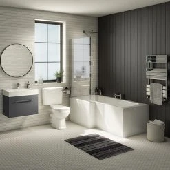 Valencia Bathroom Suite (Toilet, Grey Vanity with Chrome Handle, L-Shaped Bath + Screen)