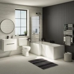 Valencia Bathroom Suite (Toilet, White Vanity with Black Handle, L-Shaped Bath + Screen)